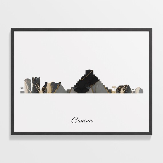 Cancun Mexico Black Gold Marble Skyline Silhouette Art Poster
