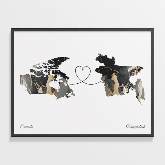 Canada Bangladesh Black Gold Marble Map Art Heart Connection Poster