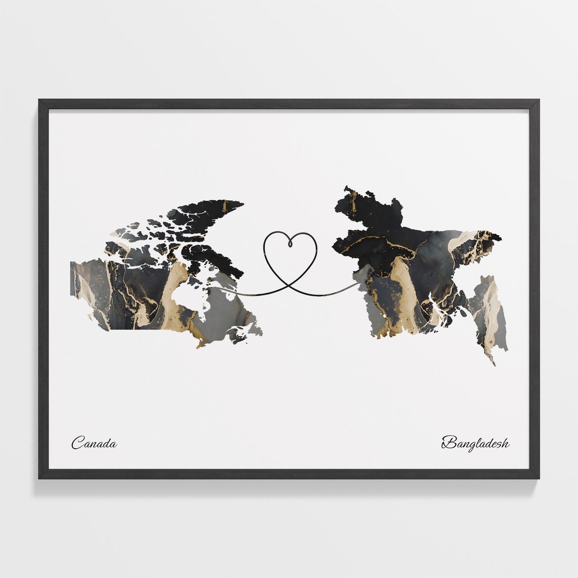 Canada Bangladesh Black Gold Marble Map Art Heart Connection Poster