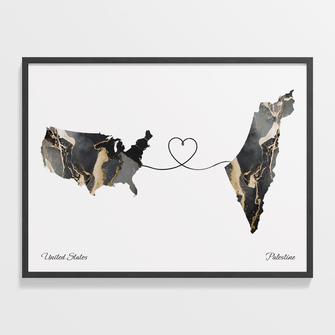 United States and Palestine Two Countries Black Gold Marble Map Poster