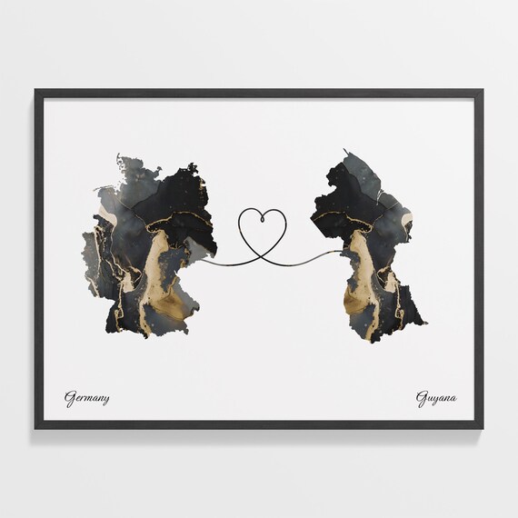Germany to Guyana Marble Heart Map Poster Gift for Long Distance Love