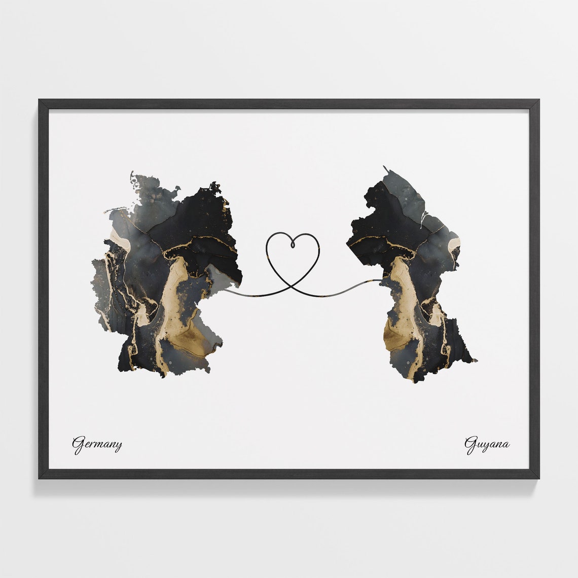 Germany to Guyana Marble Heart Map Poster Gift for Long Distance Love