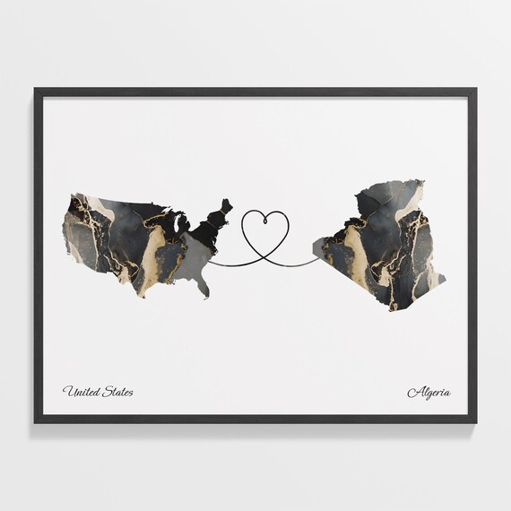 United States and Algeria Marble Map Heart Long Distance Poster