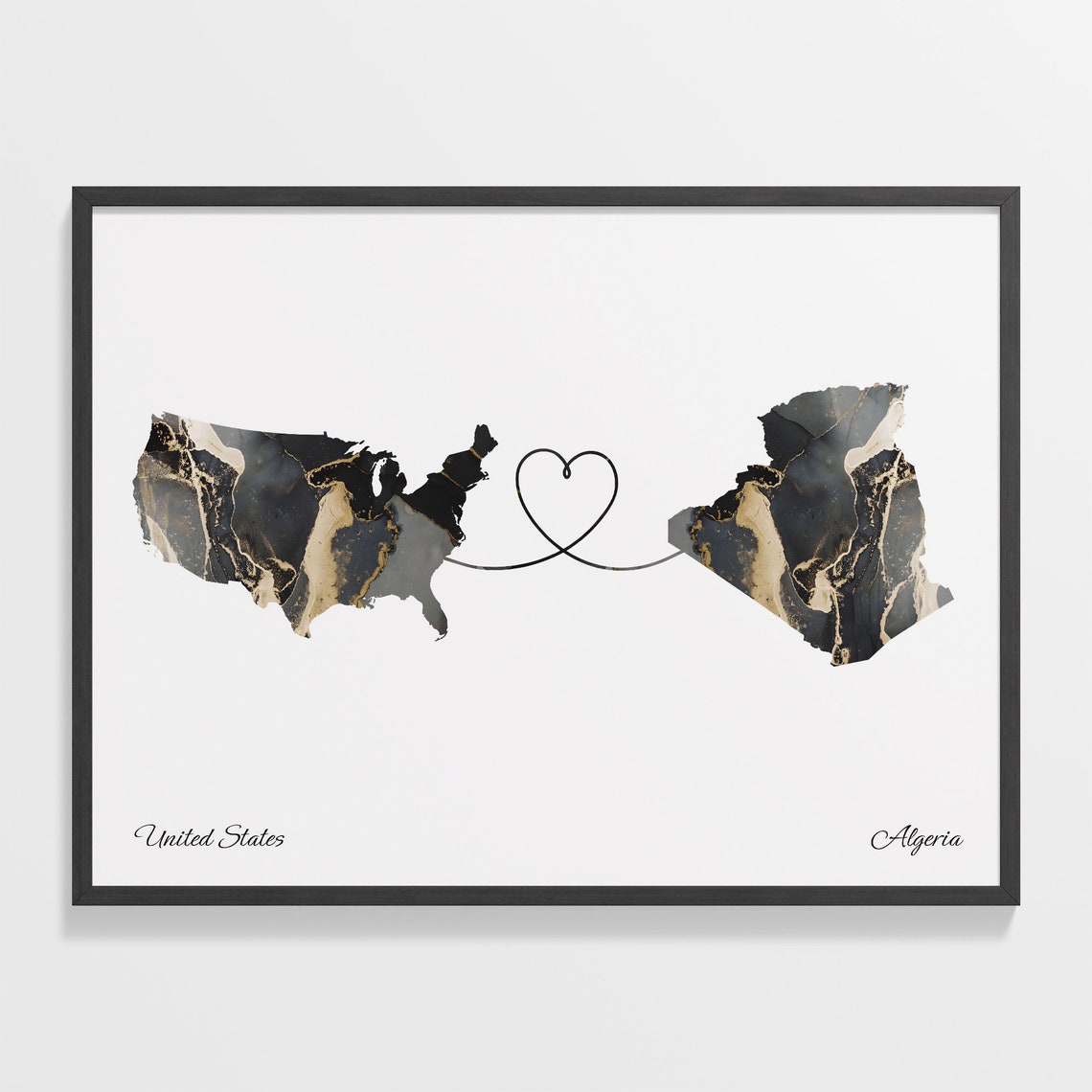 United States and Algeria Marble Map Heart Long Distance Poster
