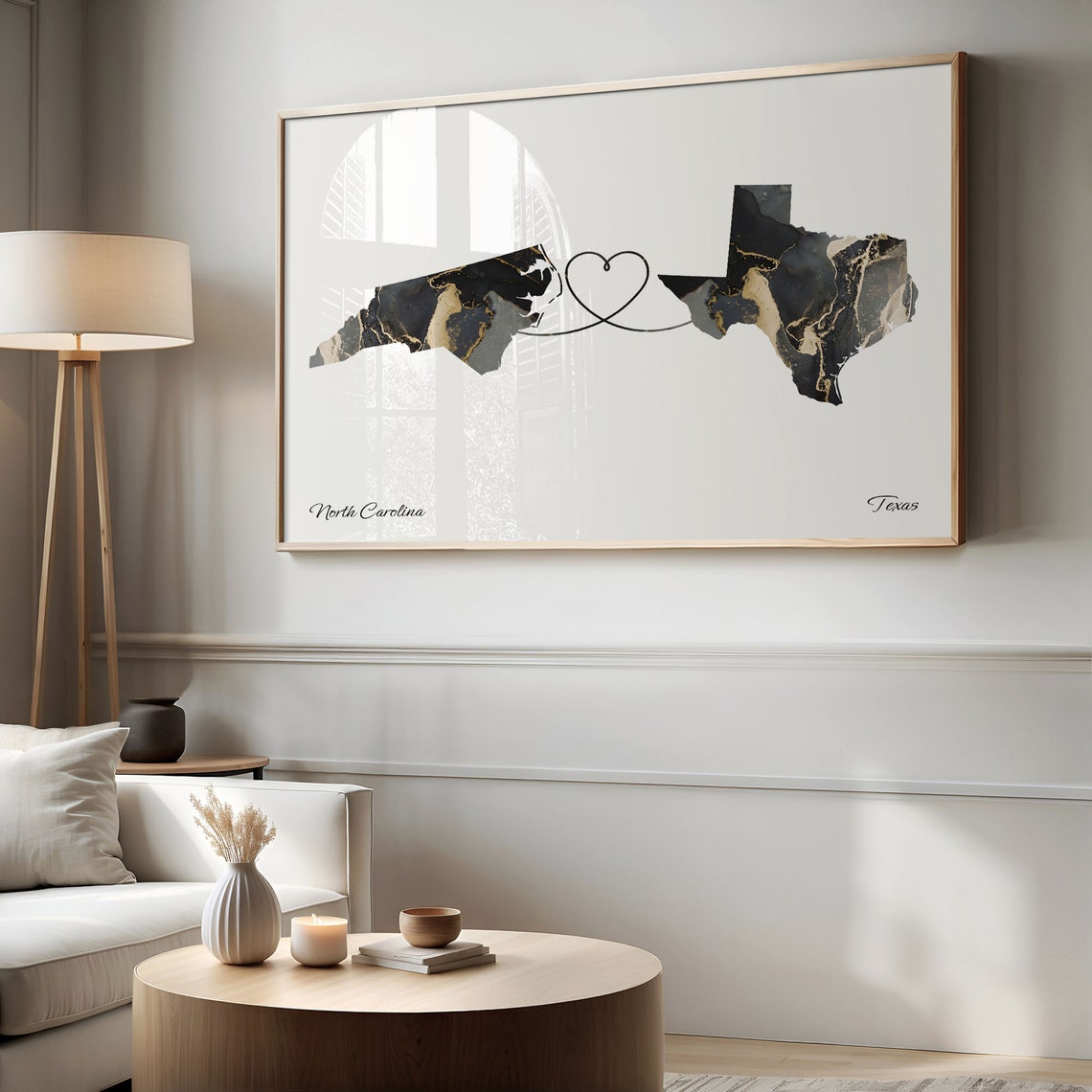 North Carolina and Texas Black Gold Marble Heart Connection Map Poster - Image 2
