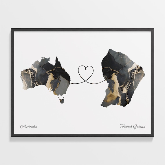 Australia To French Guiana Marble Heart Map Two Country Long Distance Gift Poster