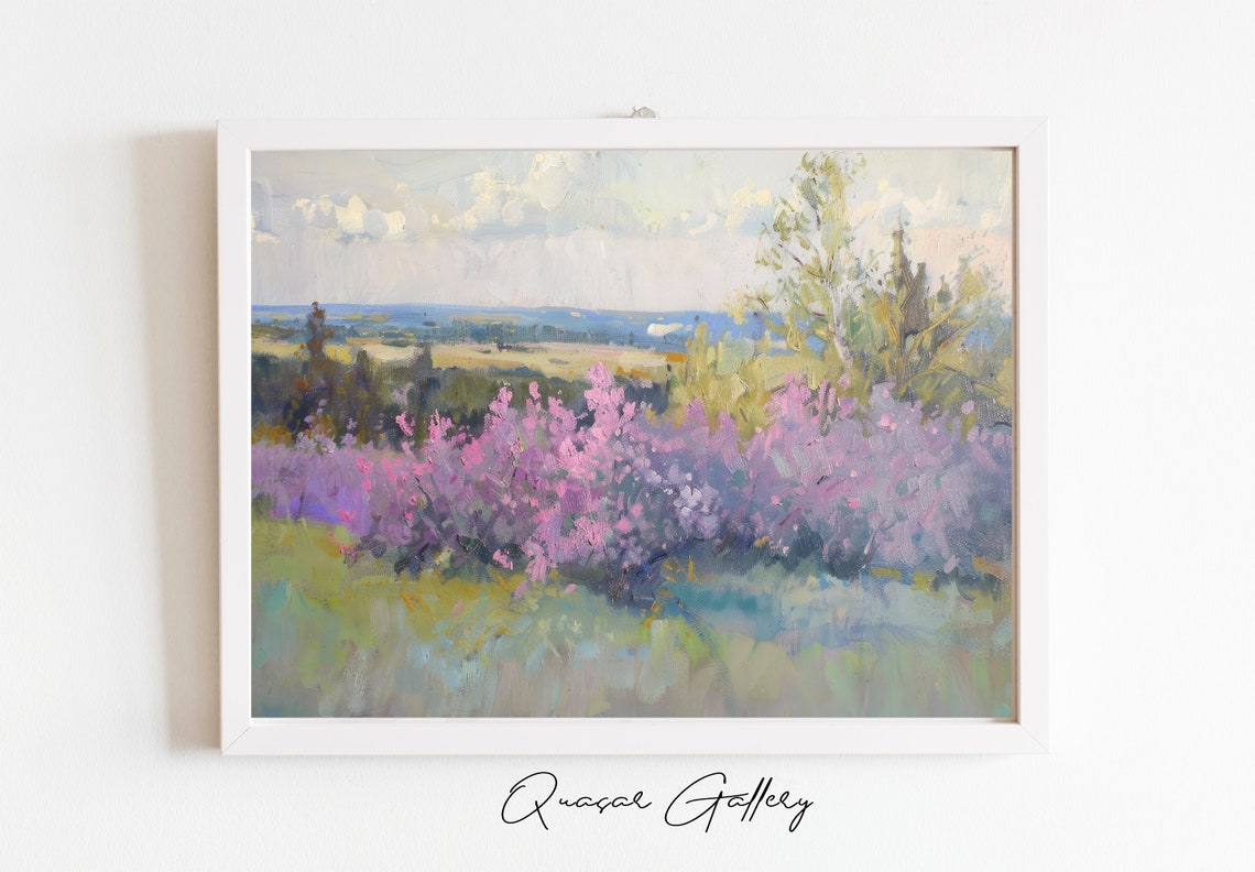 Flower Field Poster Oil Painting Country Landscape Painting Spring Meadow Painting Lilac Field Wall Art Soft Palette Painting - Image 2