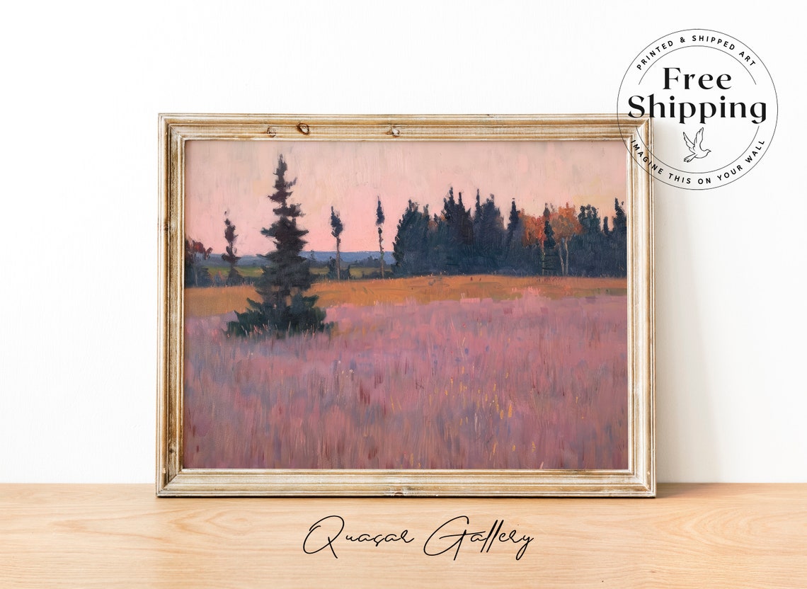 Countryside Landscaping Art Pink Landscape Wall Art Living Room Wall Art Pastoral Scene Art Horizon Art Print Field Painting