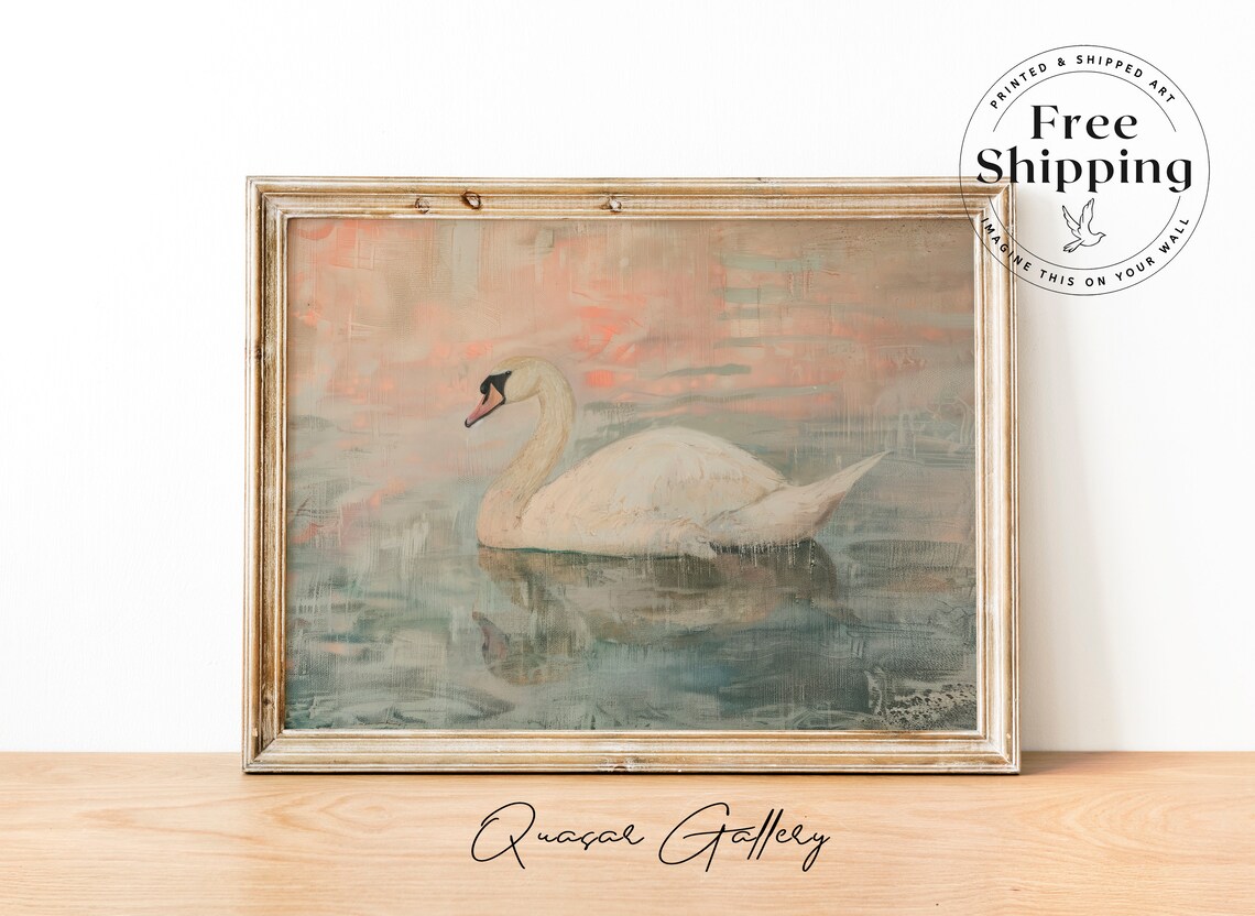 Swan Oil Painting Art Print, Vintage Nursery Decor