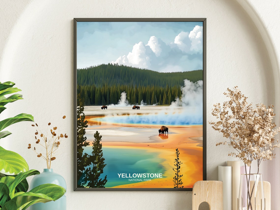 Yellowstone National Park Grand Prismatic Bison Vintage Poster