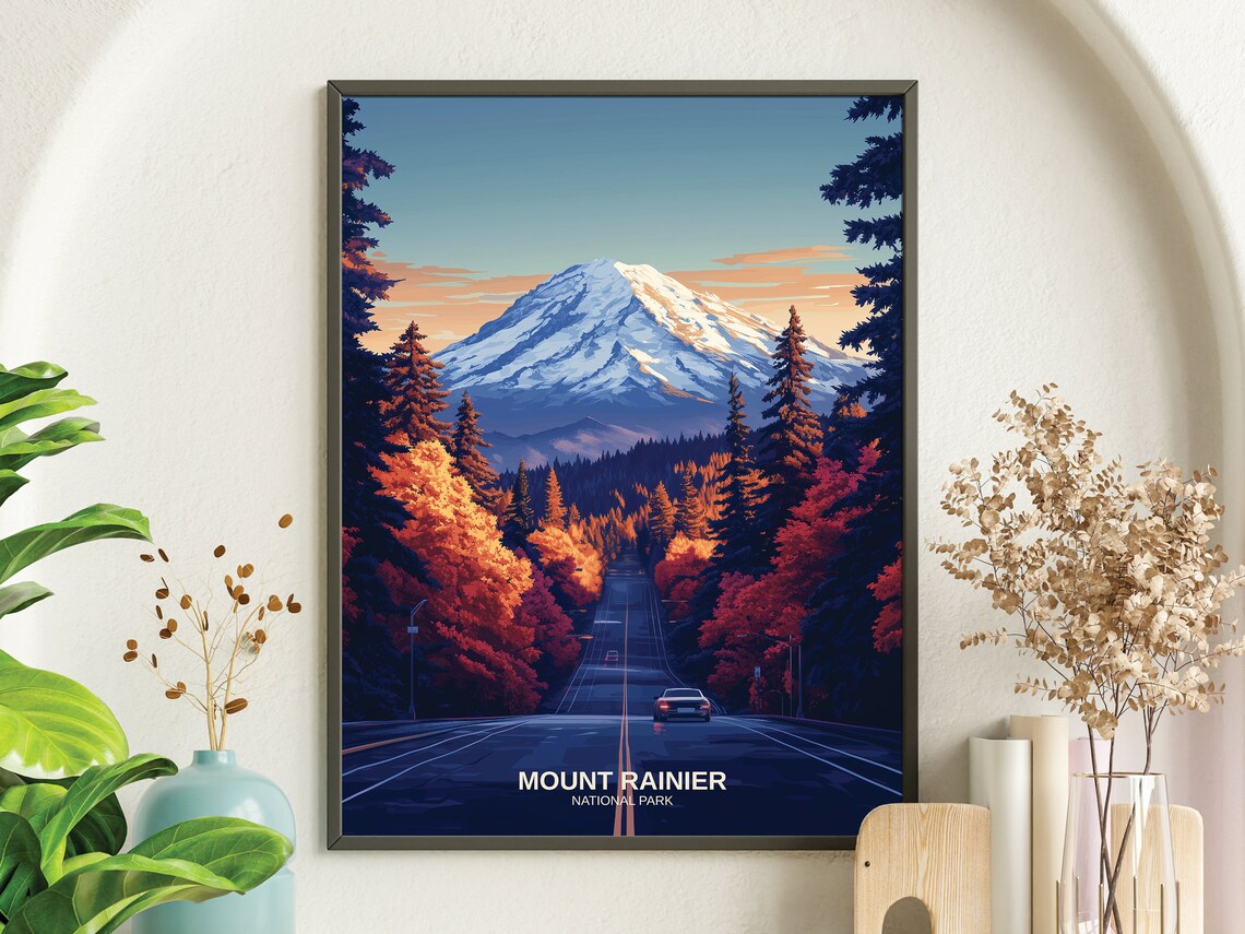 Mount Rainier National Park Snowy Peak Autumn Road Sunset Poster