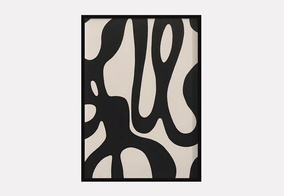 Black Organic Blob Shapes on Beige Modern Abstract Art Poster