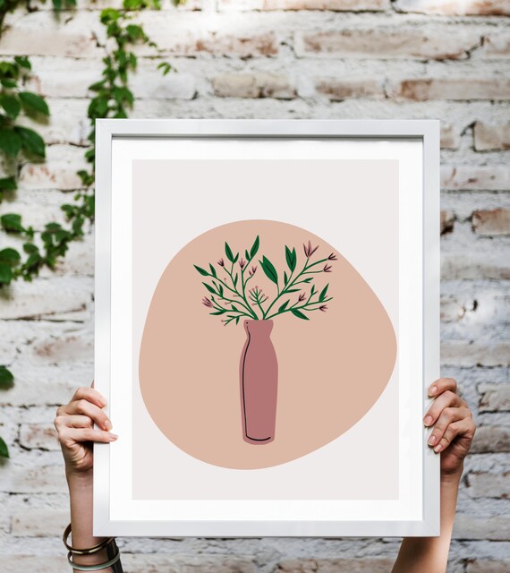 Abstract Pottery Vase Pink Blossom Sprig Terracotta Boho Botanical Poster