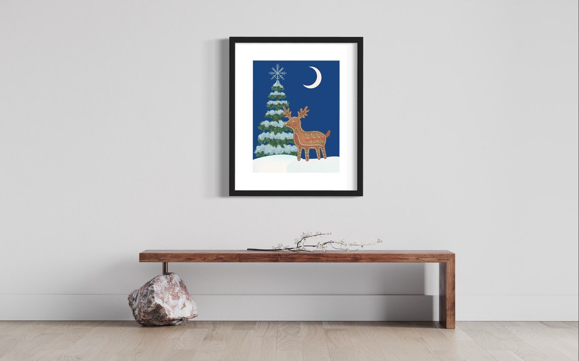 Gingerbread Reindeer Christmas Night Snowy Pine Tree Holiday Poster - Image 3