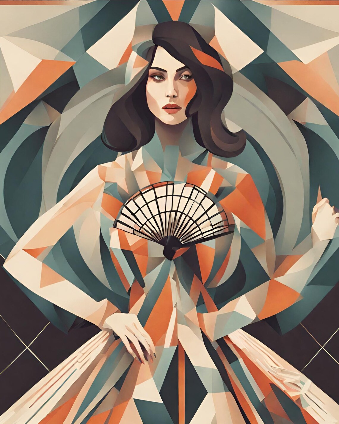 Art Deco Woman Portrait Geometric Cubist Fan 1920s Style Vintage Poster - Image 2