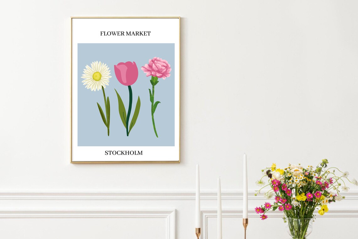 Stockholm Flower Market Daisy Tulip Carnation Botanical Art Poster