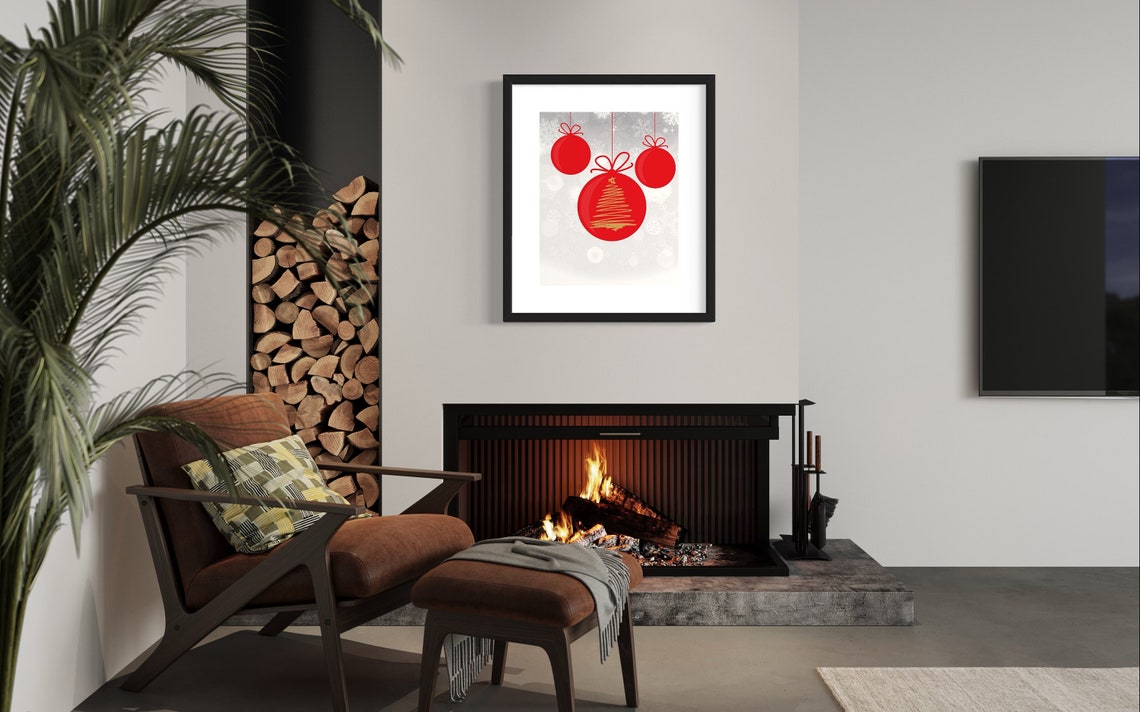 Red Christmas Ornaments Gold Tree Doodle Snowflake Winter Wall Poster - Image 2