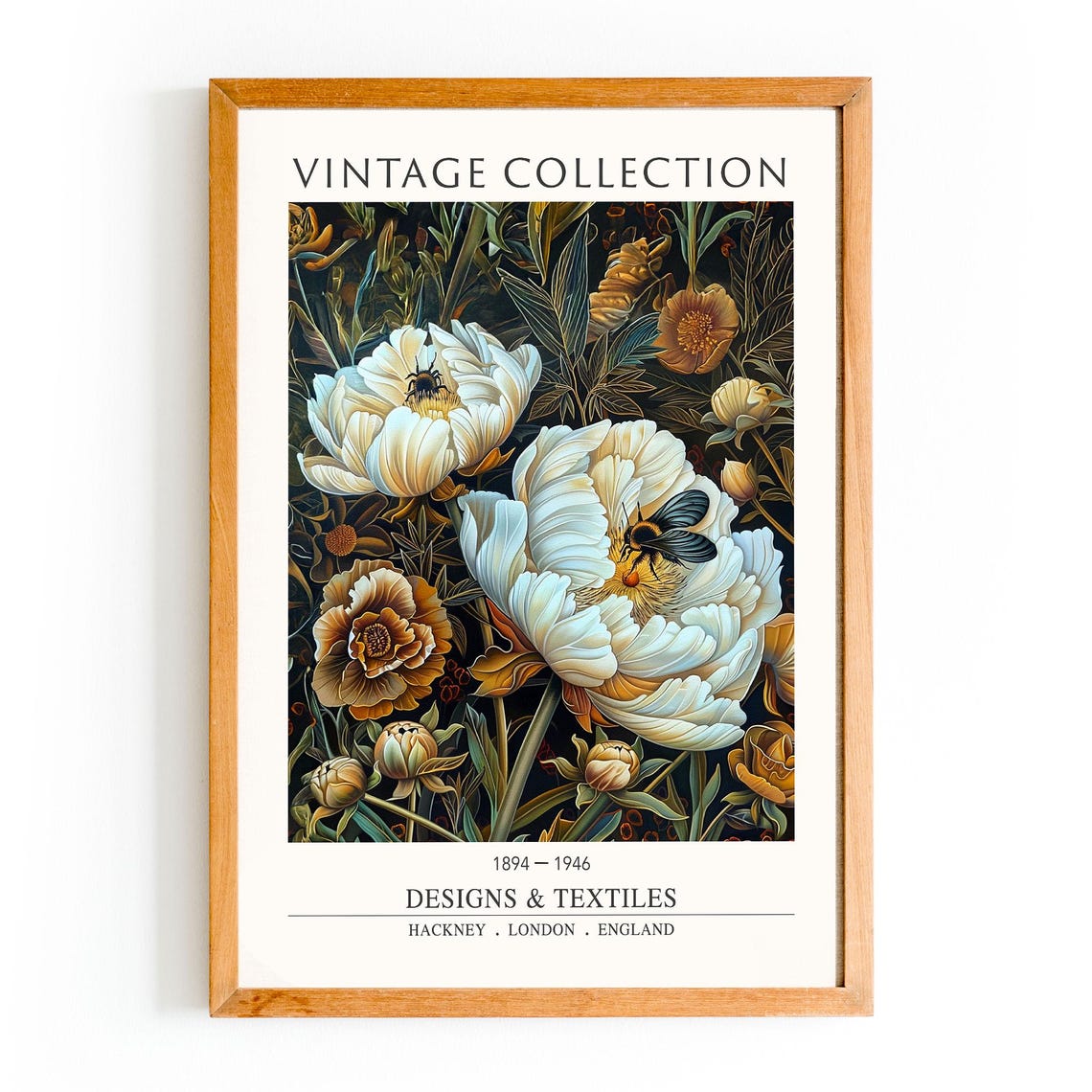 Vintage Peony And Bee Botanical Print William Morris Style Framed Or Unframed