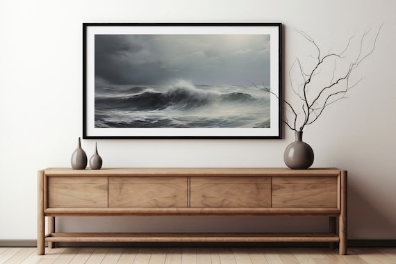 Stormy Gray Seascape Painting Of Dramatic Rolling Ocean Waves Poster