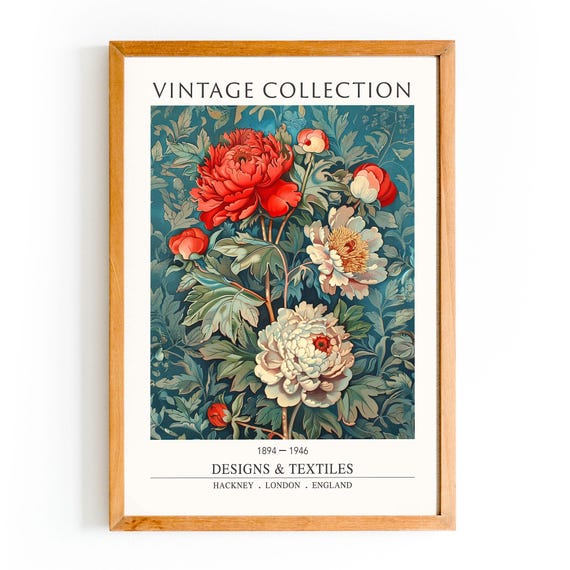 Vintage Peony Print William Morris Floral Art Botanical Textile