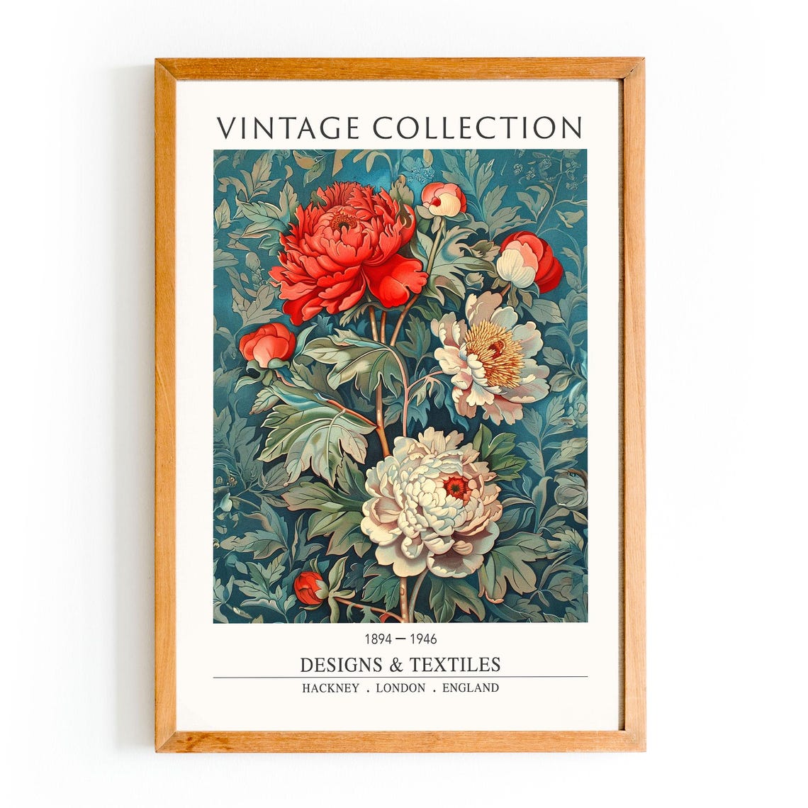 Vintage Red Peony Floral Textile Design Teal Blooms Art Poster
