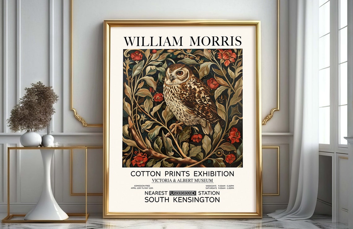 William Morris Barn Owl Vintage Floral Exhibition Botanical Art Poster