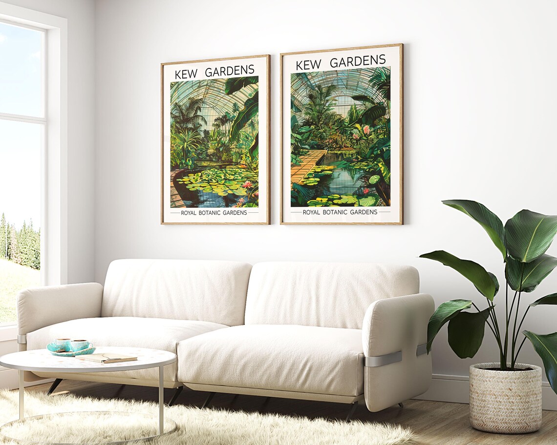Kew Gardens London Pair Greenhouse Lily Pond Vintage Art Poster