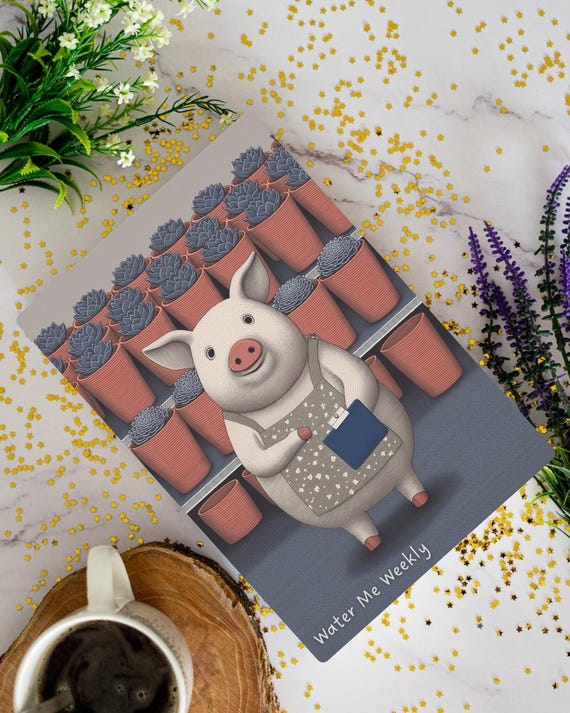 Potbelly Pig Cards With Potted Plants 5 Variants Retro Botanical Cute Greeting Card Lover Gift Perfect Birthday