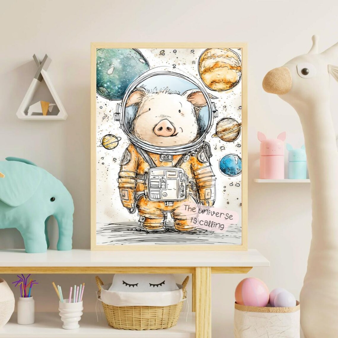 The Universe Is Calling Astronaut Pig Space Planets Cute Nursery Poster