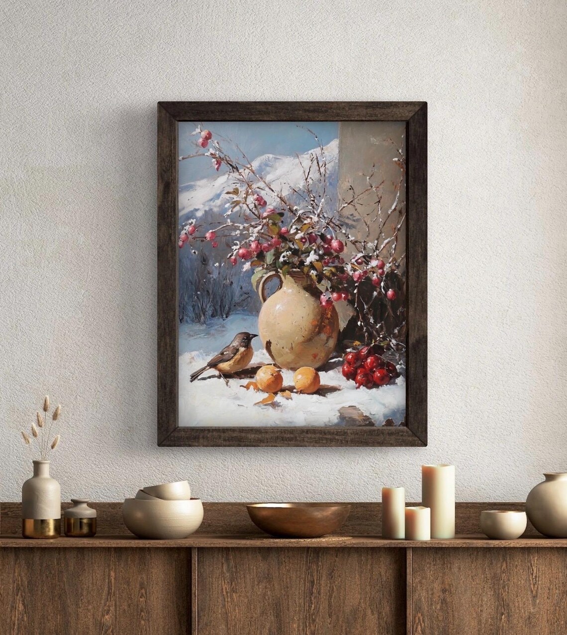 Winter Still Life Vase Of Snowy Red Berries With Little Bird Snow Art Print - Image 5