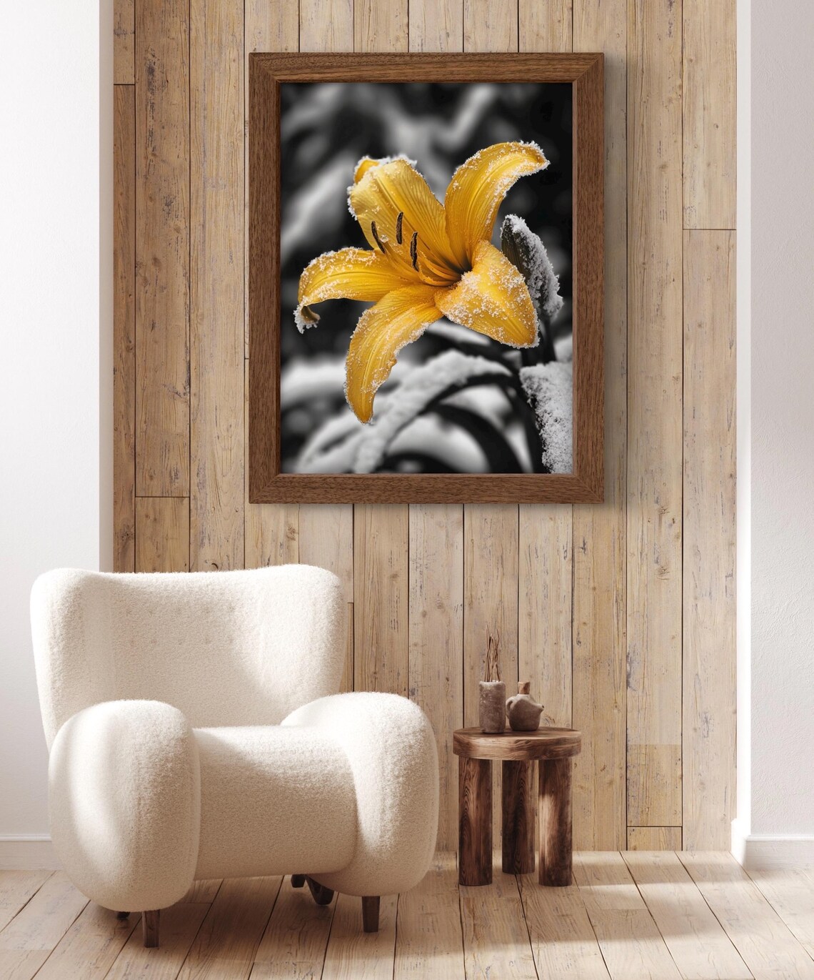 Yellow Lily Dust Frost In Monochrome Snowy Forest Black White Photo Poster - Image 2