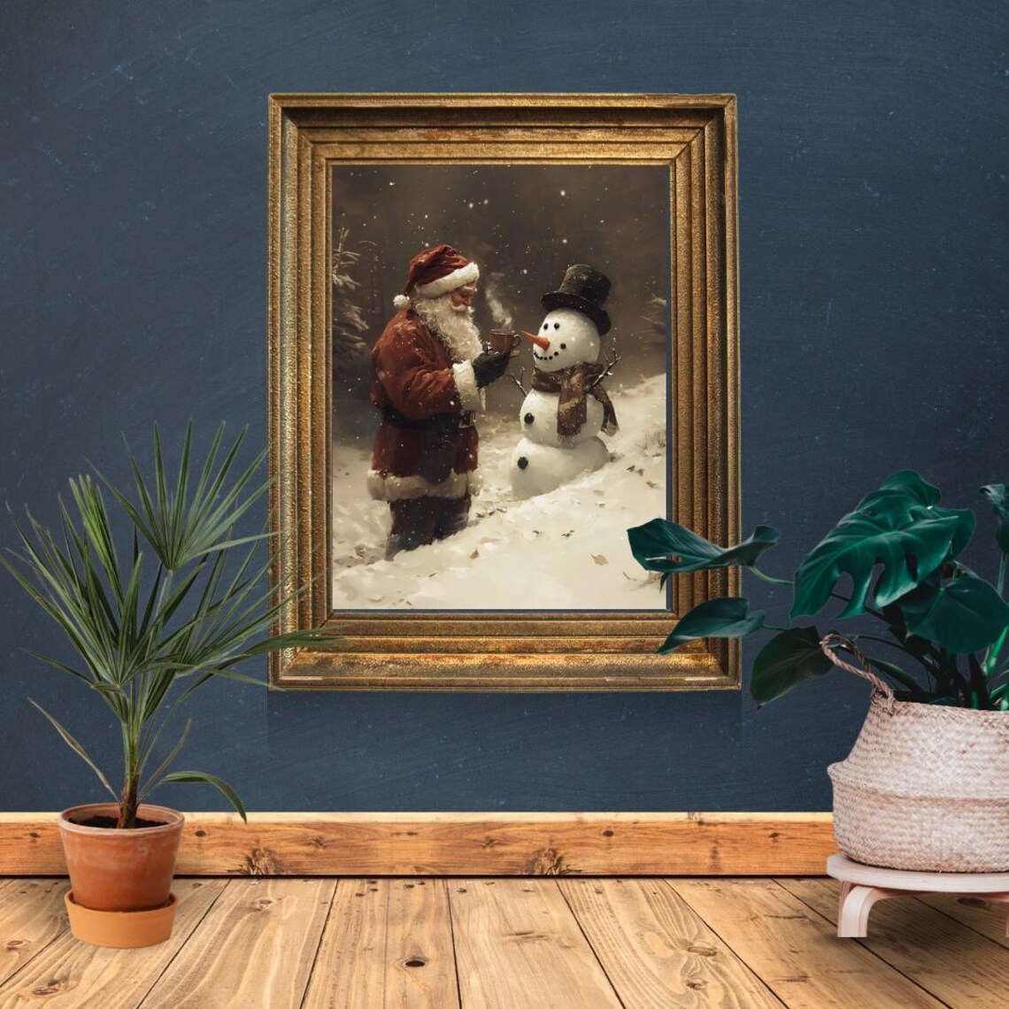Cozy Christmas Santa and Snowman Vintage Holiday Art Print - Image 4