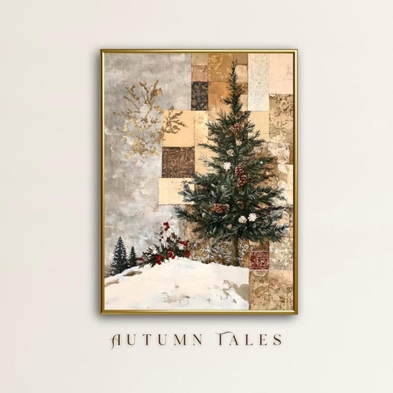 Christmas Wall Art Print Abstract Christmas Tree And Holly Berries Cozy Moody Winter Print Rustic Modern Fall Christmas Decor