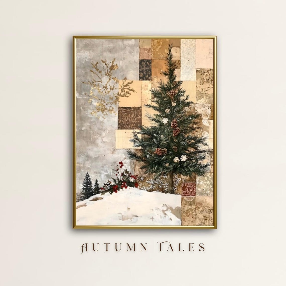 Christmas Tree With Pinecones And Holly Berries Winter Art Print
