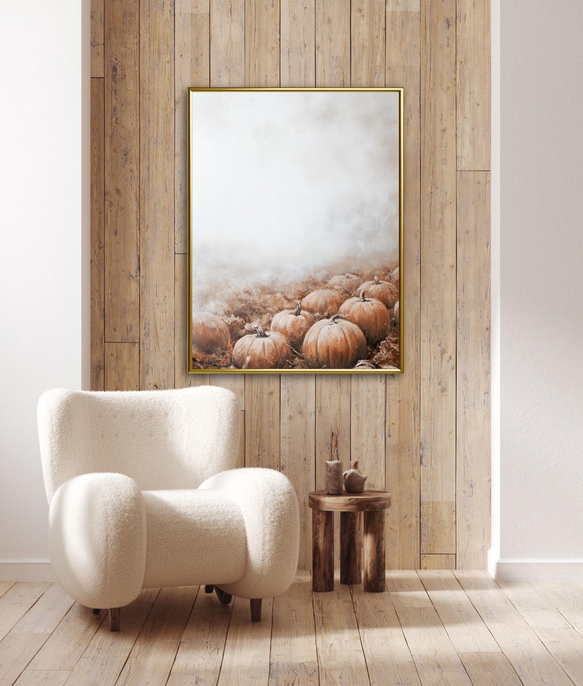Foggy Pumpkin Harvest Field Moody Autumn Landscape Painting Poster - Image 2