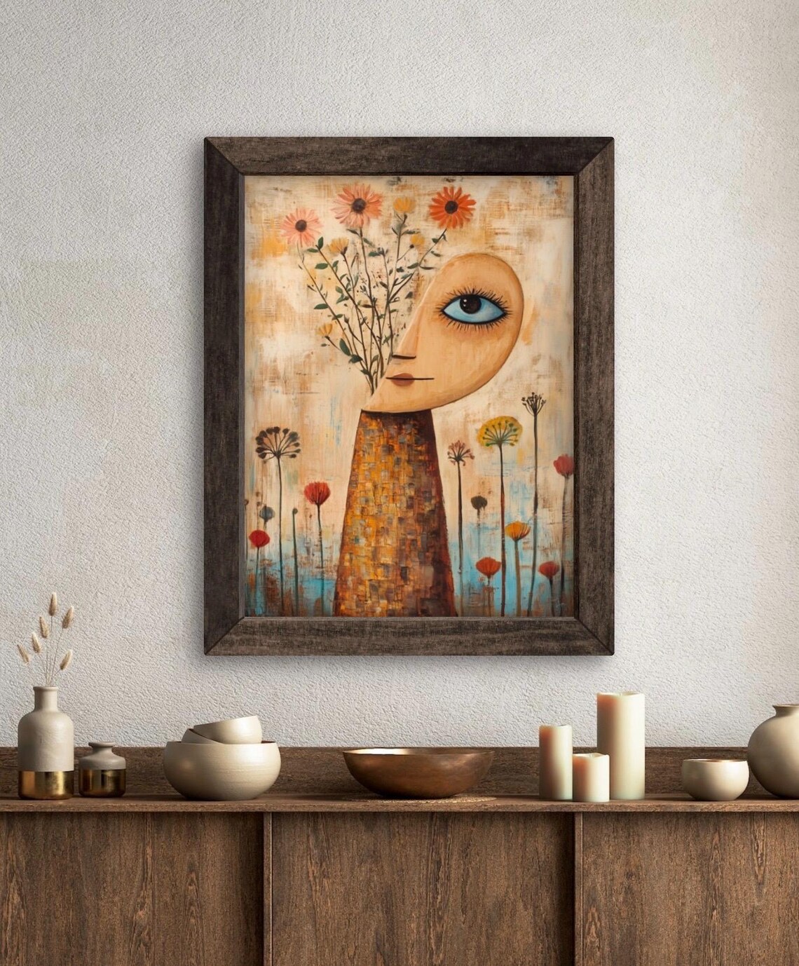 Surreal Female Face Vase with Wildflowers Abstract Folk Art Wall Art Poster - Image 5