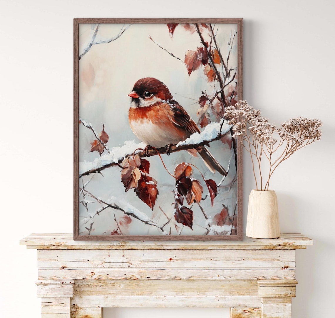 Red Headed Sparrow On Snowy Branch With Rust Leaves Vintage Bird Art Print - Image 2