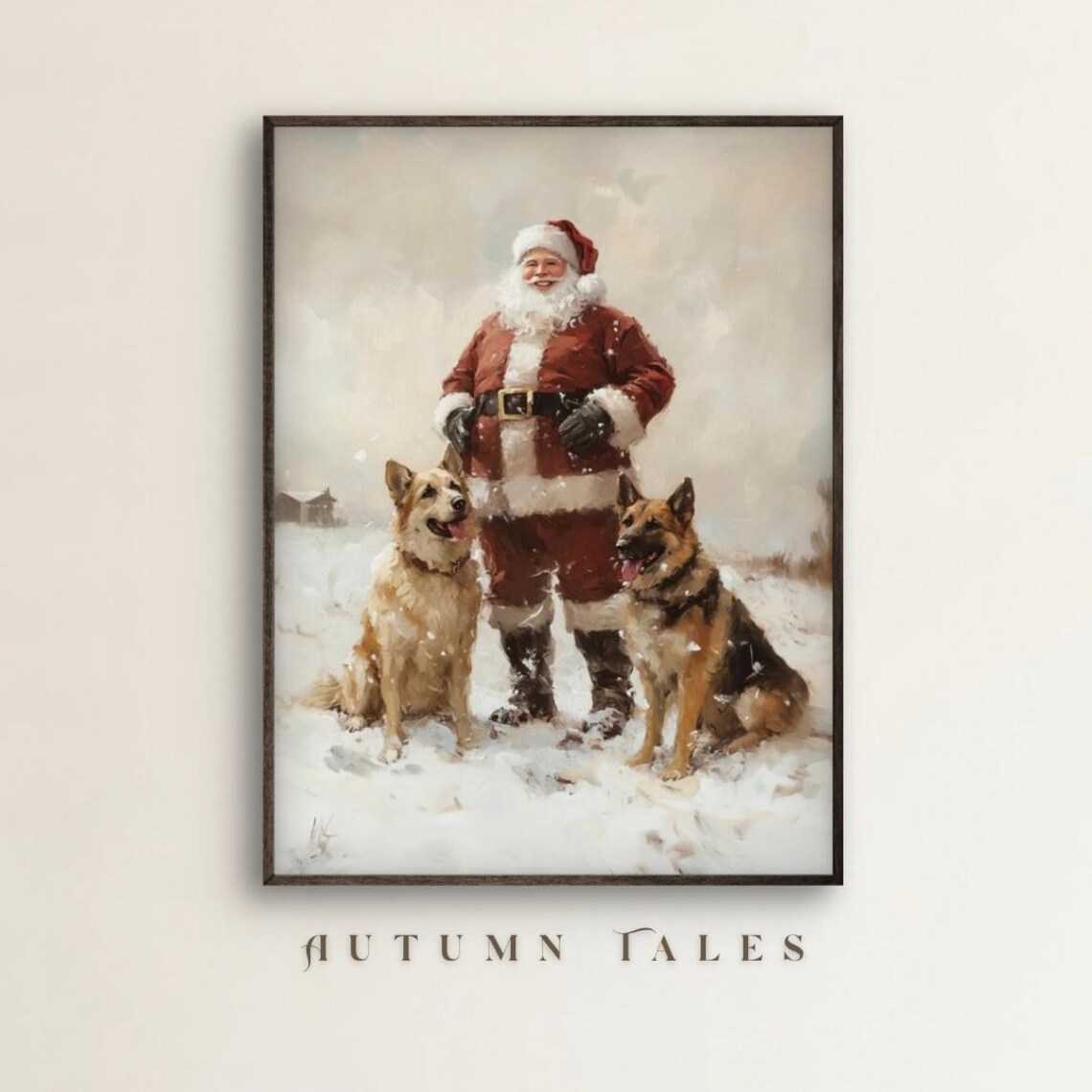 Vintage Santa Two German Shepherd Dogs Art Print