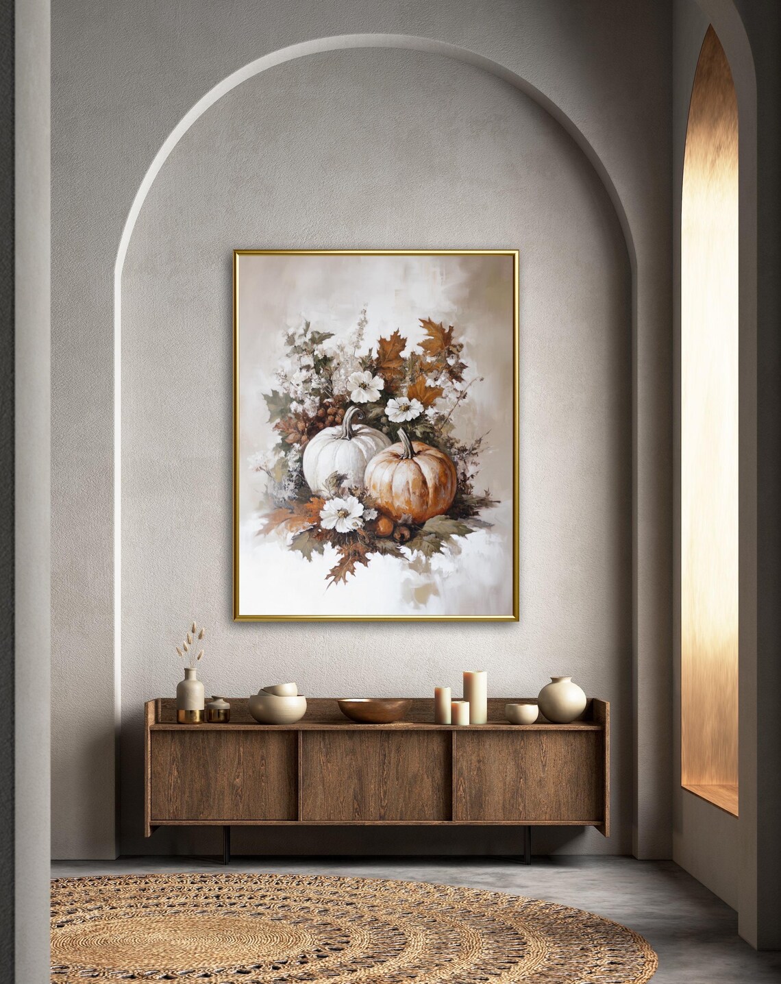 White and Orange Pumpkins With Wildflowers Bouquet Autumn Style Wall Art - Image 2