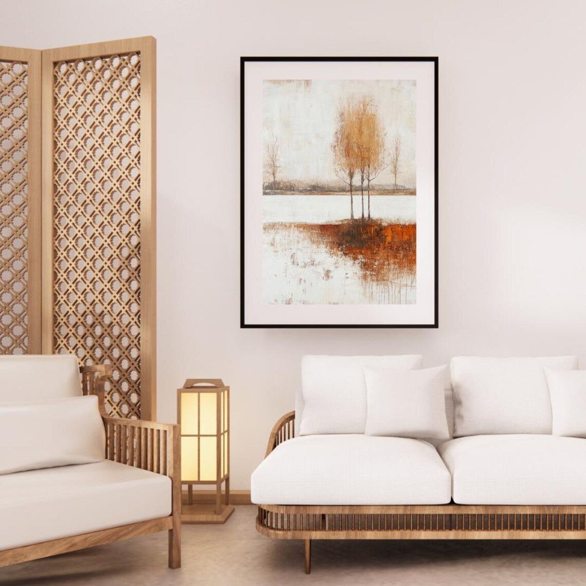 Abstract Snowy Field With Golden Trees Autumn Winter Art Print - Image 2