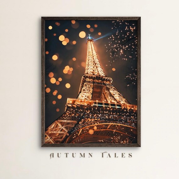 Eiffel Tower Wall Art Print New Year Eve Christmas In Paris Travel Photo Poster Moody Cityscape Festive Decor