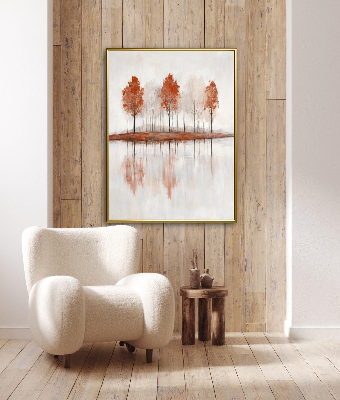 Rustic Orange Trees Lake Reflection Minimalist Autumn Landscape Poster - Image 5