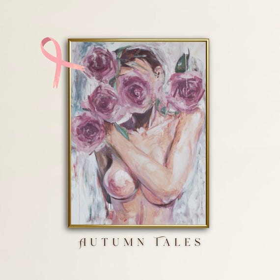 Breast Cancer Awareness Month Wall Art Print Feminine Woman Figure With Pink Roses Moody Modern People Art