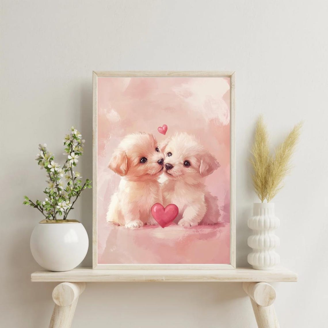Two White Puppies Red Hearts Pink Background Puppy Love Poster - Image 2