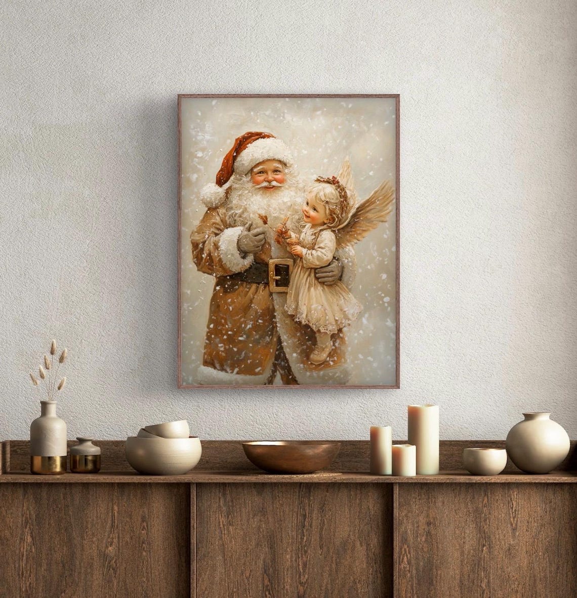 Santa And Christmas Angel Wall Art Print Vintage Christmas Decor Print Beige Earthy Tone Winter Festive Print Angelic Girl - Image 4