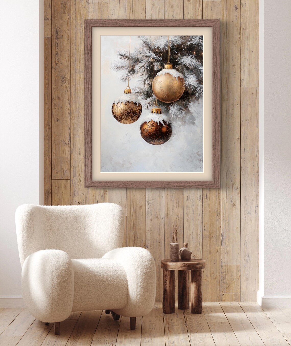 Gold Christmas Ornament Art Print, Snowy Pine Tree - Image 6
