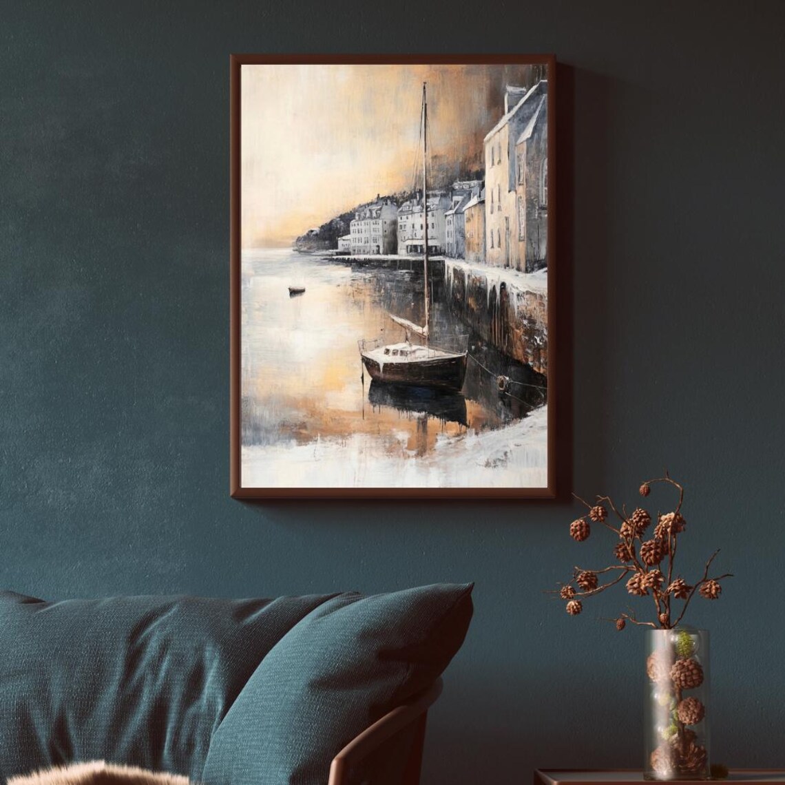 Snowy Harbor Town at Dusk with Sailboat Moody Coastal Winter Wall Art Poster - Image 4