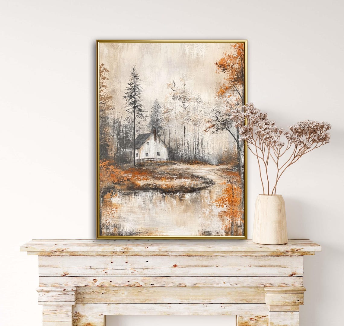Tranquil Lakeside Autumn Cottage With Golden Reflection Art Print - Image 3