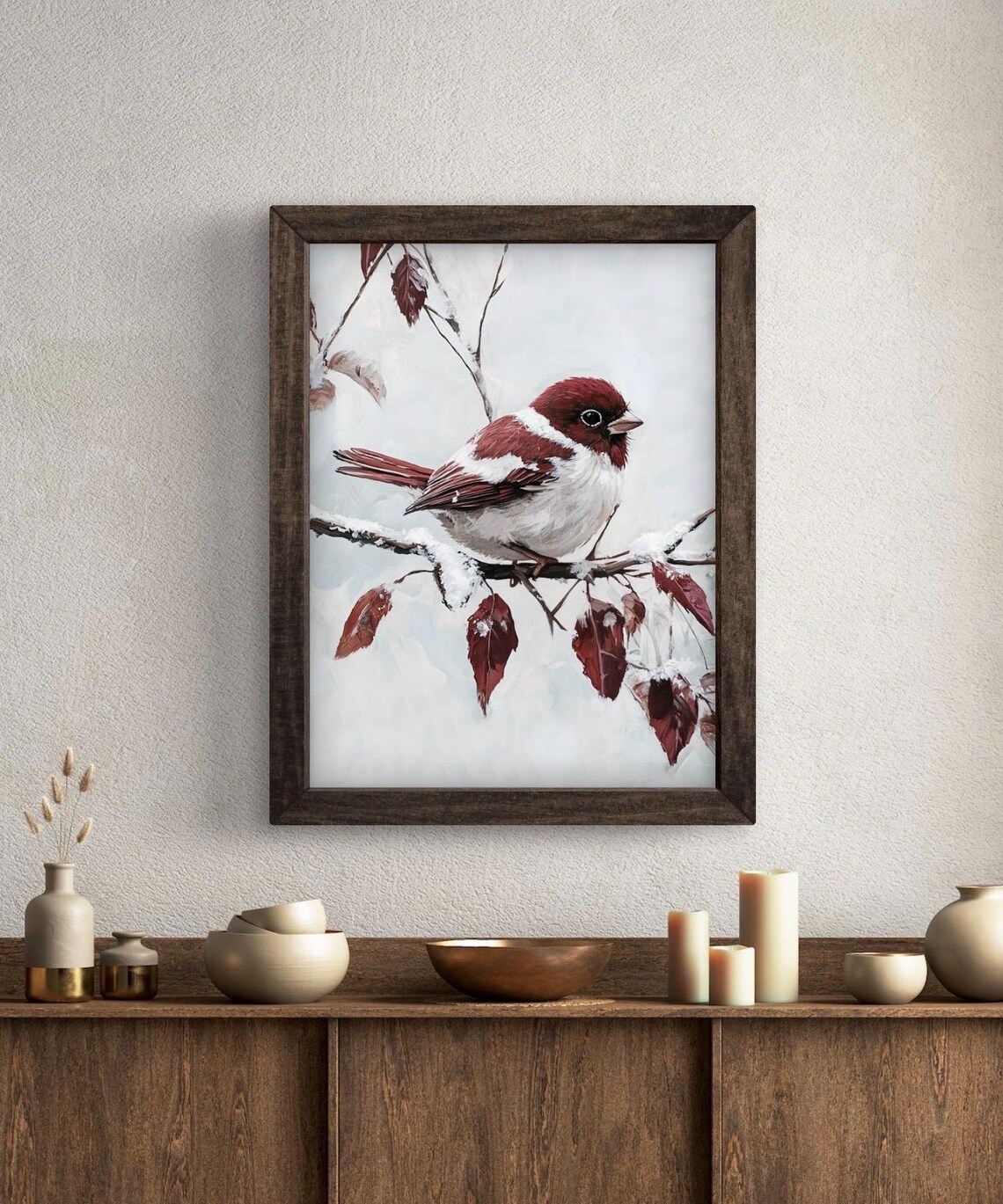 Red Winter Sparrow Art Print, Moody Seasonal Wildlife - Image 5
