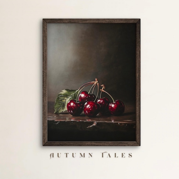 Moody Cherry Fruit Art Print, Rustic Farmhouse Kitchen